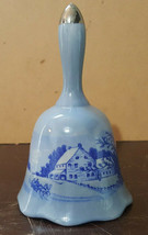 5 &amp; 3/4&quot; Tall Ceramic Bell Winter Farmhouse Scene Blue/White w/Silver Handle Tip - £14.35 GBP