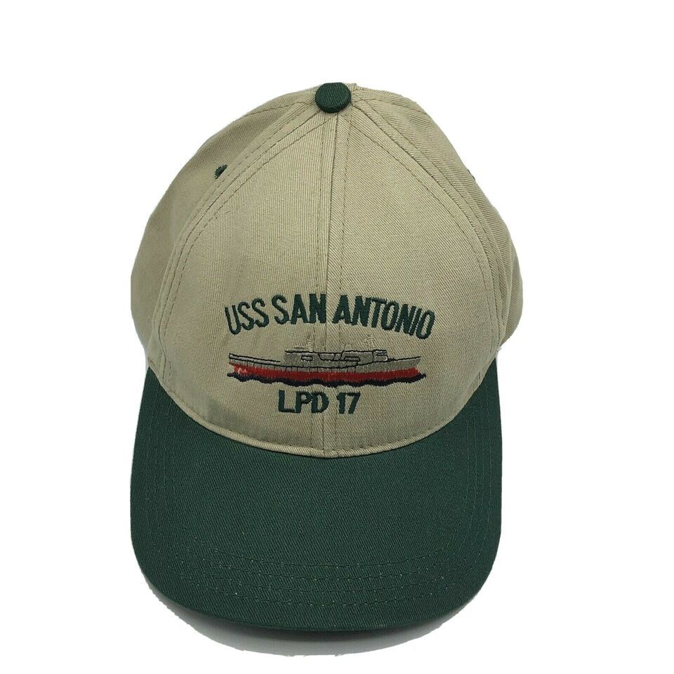 USS San Antonio LPD Beige Navy Blue Strapback Hat Cap Made in USA Team - $17.81