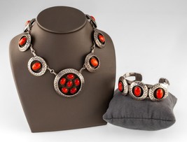 Navajo Sterling Silver Coral Shadowbox Necklace &amp; Cuff Bracelet Set 85g - $1,546.59