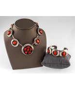Navajo Sterling Silver Coral Shadowbox Necklace &amp; Cuff Bracelet Set 85g - $29,249.96 MXN