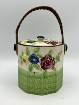 Japan Ceramic Cookie Biscuit Jar Hand Painted Flowers Wicker Basket Hand... - $12.16