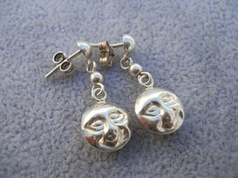 925 Crafted Sterling Face Moon Mask Post Dangle Earring Vtg  P10070 - £38.71 GBP