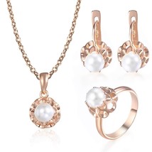 New 585 Rose Gold Color Simulated  Earrings Ring Pendant Necklace Set Rolo Cable - $34.01