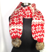 Vintage Red And Cream Fair Isle Sweater Knit Pom Pom Scarf - £31.44 GBP