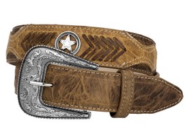 Cowboy Western Dress Belt Concho Overlay Studded Real Leather Honey Brown Cinto - £27.45 GBP