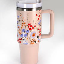 Light Pink Floral Flowers Cottage Print 40 oz Stainless Steel Insulated Tumbler - £30.07 GBP