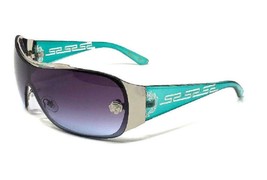 Kleo Greek Key Slim Shield Wrap Around Sunglasses (Green &amp; Silver Frame, Blue Gr - £10.75 GBP