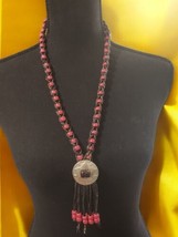 Vintage Boho Tribal Necklace, Pink Beads, Tassel Pendant, Statement Jewelry 80s - £24.35 GBP