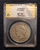 1934-S Peace Silver Dollar ANACS Certified Very Fine 35 Rare US 90% $1 Coin - $132.41