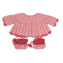 Hand Crocheted Baby Doll Outfit Sweater Top Booties Pink Vintage 3 Button - £15.66 GBP