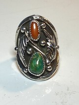 Turquoise ring Navajo coral southwest sterling silver women men size 9.75 - £107.50 GBP