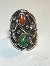 Turquoise ring Navajo coral southwest sterling silver women men size 9.75 - £108.81 GBP