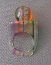 Vintage Mod Acrylic Ring Clear &amp; 5 Color Stripes Bead Ball Marble Top Sz 6.75  7 - £23.91 GBP