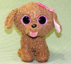 Ty B EAN Ie Babies Maddie Dog 9&quot; Plush With Pink Glitter Eyes Curly Brown Poodle - £7.18 GBP