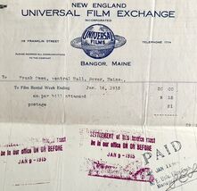 Universal Films Exchange 1915 WW2 Era Invoice Center Theater Maine DWEE3... - $39.99