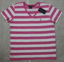 Ralph Lauren Sport Women`s T Shirt L White Pink Striped V Neck Short Sle... - £39.90 GBP