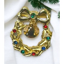 Vintage Christmas Wreath with Bell Brooch Pin Gold Tone Rhinestones - £9.52 GBP