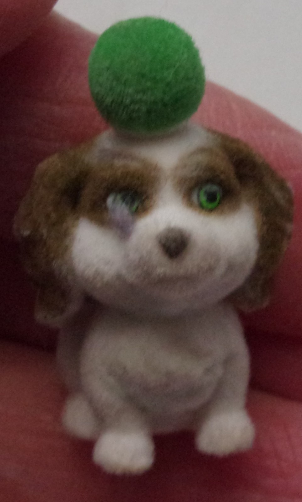 Flocked Brown &amp; White Puppy In My Pocket With A Green Pom Pom On Head - $3.99