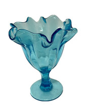 Ruffled Edge Vase Compote Paneled Candy Dish Blue Glass Footed - £17.31 GBP