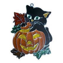 Halloween Suncatcher Black Cat Pumpkin Resin Lead Framed Vintage Fall Au... - $12.00
