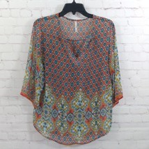 Trinity Top Womens Small Orange Blue Floral 3/4 Sleeve V Neck Sheer Boho - $17.99