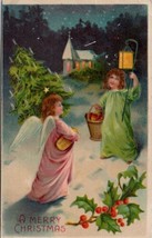 Christmas Angel Night Sky Carrying Tree by Lantern on Shepherd Hook Postcard X20 - $7.95