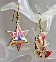 Red Cloisonne Enamel Wild Goose Crescent Moon &amp; Star Earrings 1970s vintage - $17.95