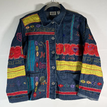 Chico&#39;s Design Women&#39;s Jacket Size 1 Denim Embroidered Fringe BOHO Native Tribal - £28.12 GBP