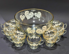 Anchor Hocking Grape Leaf Pattern Gold Trim Punch Bowl Set with 11 Cups Vintage - £28.28 GBP