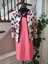Kasper Womens Pink &amp; Black Floral Open Front Blazer &amp; Dress 2 Piece Suit Sz 10P - £46.30 GBP