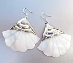 Vintage Large Sterling Silver Mother-of-Pearl Shell FAN Shaped Dangle Ea... - $34.60
