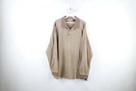 Vintage 90s Streetwear Mens XL Distressed Collared Long Sleeve Polo Shirt Beige - £35.57 GBP