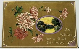 Best Birthday Wishes Embossed Flowers Shimmering Golden Finish Postcard I10 - £3.95 GBP