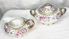 Vintage Haviland Limoges Pink Floral Cream Sugar Lots of Gold Laurel Band - $24.26