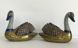 Vintage Mexican Brass &amp; Pottery Pair of Ducks Swans Figurines - £157.45 GBP
