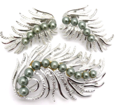 Vtg 50s 60s Sarah Coventry Feather Fantasy Brooch Earrings Silver Tone Set - $44.50