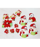 12 Vintage Christmas Flocked Gift Tags &amp; Gummed Seals Santa Gifts Poinse... - $20.12 CAD