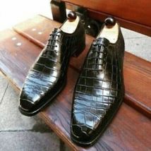 Men Handmade Shoes Crocodile Textured Black Leather Lace Up Formal Dress... - £142.22 GBP