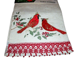 NEW Holiday RED CARDINAL BIRD TABLE RUNNER 13 X 72  Embroidered Lace Trim - $39.59
