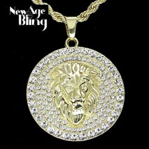 Mighty Lion Mens Iced Cz Round Pendant 24&quot; Rope Chain 14k Gold Plated Hip Hop - £7.58 GBP