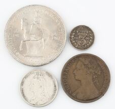 Great Britain Coin Lot 1876 Penny 1892 Shilling 1897 3 Pence 1953 Crown ... - $133.22
