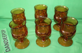 Vintage 6 Piece Amber Glass Thumbprint Kings Crown Pedestal Glassware Barware - £50.61 GBP