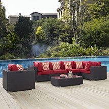 Convene 7 Piece Outdoor Patio Sectional Set Espresso Red EEI-2350-EXP-RED-SET - £2,392.80 GBP