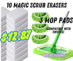 10 Extra-Durable Cleaning Erasers + 3 Washable Mop Pads Reusable &amp; Multi... - €10,56 EUR