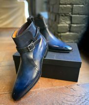 Handmade men&#39;s blue shaded cowhide leather ankle strap boots US 5-15 - £119.87 GBP+