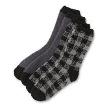 NEW Womens Fuzzy Winter Crew Socks 2 Pr Set black plaid &amp; gray ladies sz 9-11 - £8.00 GBP