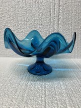 Vtg Viking Glass Blue Epic Bluenique 6 Petal Compote Pedestal Bowl MCM 9... - $59.39