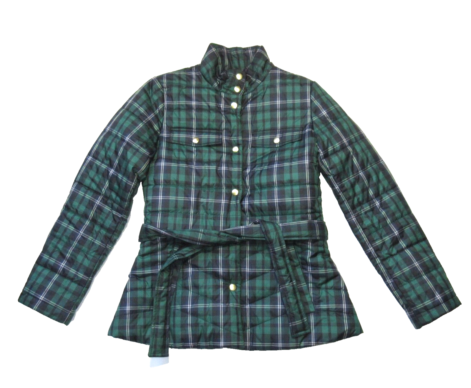 Primary image for NWT J.Crew Plaid Belted Puffer Jacket in Navy Green White Plaid Belted XS