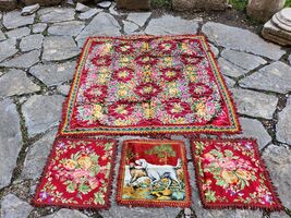Velvet floral bed cover and chair pads, set of 4 Italian vintage velvet ... - $100.00