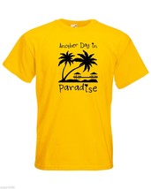 Mens T-Shirt Sunset Beach Palms &amp; Bungalows, Quote Another Day Paradise ... - $24.74